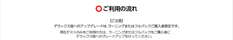 STEP1 新規ご購入者の方 商品購入時に「追加商品」として案内されますので、選択してください。すでにご利用者の方 学習のトップページにあるカードアルバムの「デラックス版へのアップグレードをクリックし、ご購入ください。
