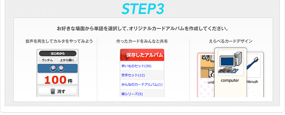 STEP3 お好きな場面から単語を選択して、オリジナルカードアルバムを作成してください。