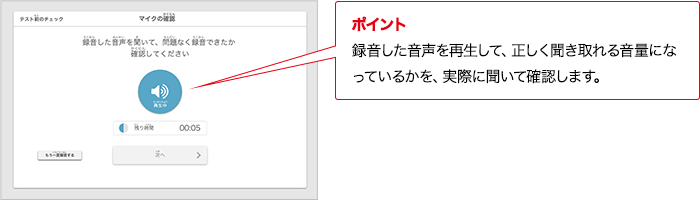ポイント 録音した音声を再生して、正しく聞き取れる音量になっているかを、実際に聞いて確認します。