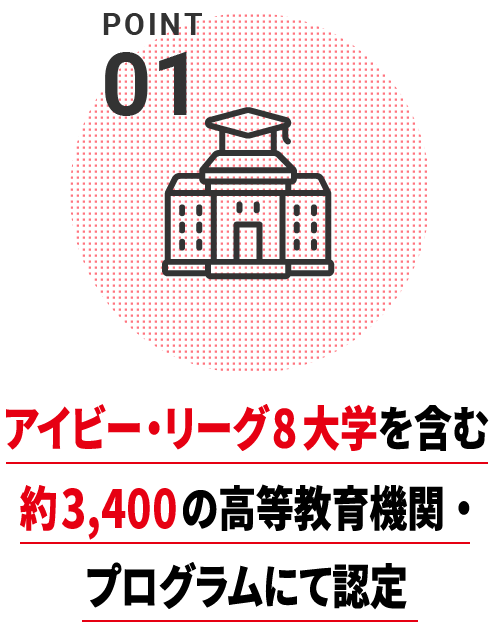 アイビー・リーグ8大学を含む約3,000の高等教育機関・プログラムに認定